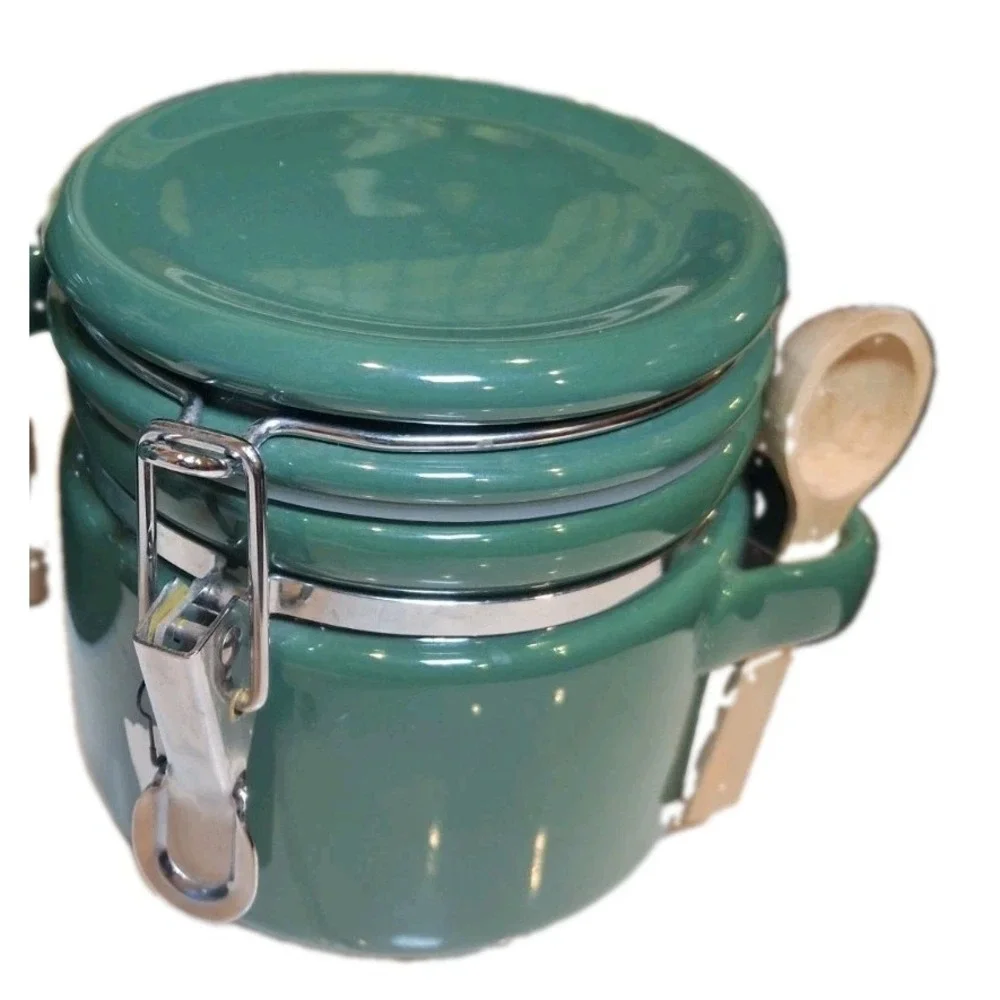 4pc Green Ceramic Vintage Canister Set, Airtight Lid-Lock, Beech Scoop Winsome